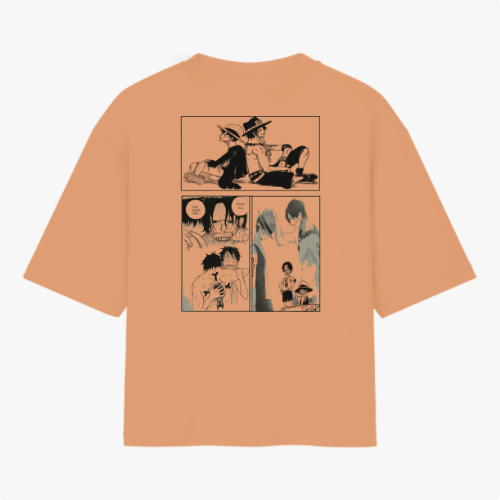 Camiseta com estampa frontal de personagem em pose reflexiva e texto japonês, e estampa traseira de quadrinhos com cenas de personagens e falas.