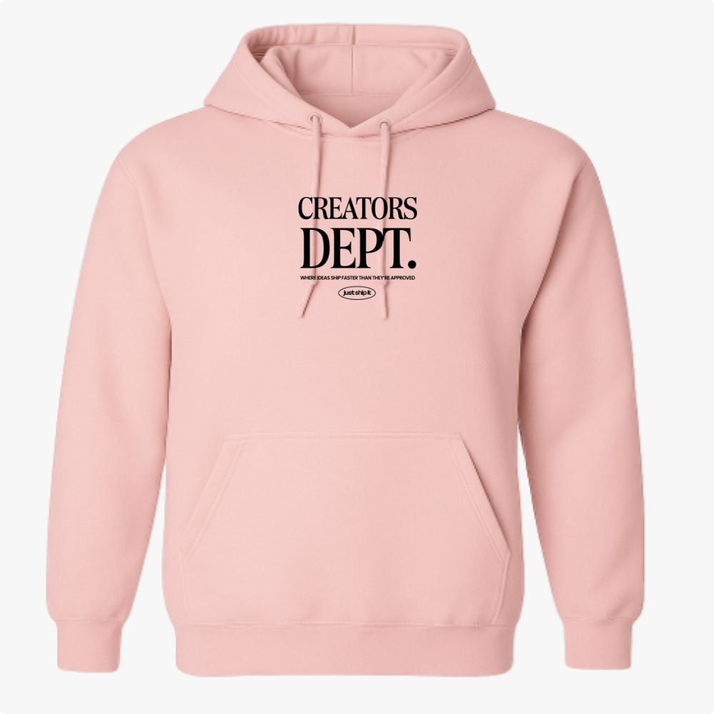 Moletom com estampa frontal de texto "CREATORS DEPT." em fonte estilizada, acompanhado por uma frase menor abaixo, incluindo um pequeno logotipo oval.