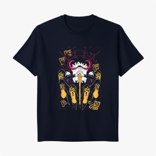 Camiseta com estampa frontal de calopsita ninja empunhando espadas amarelas, com detalhes de símbolos místicos e fundo de raios em estilo quadrinhos.