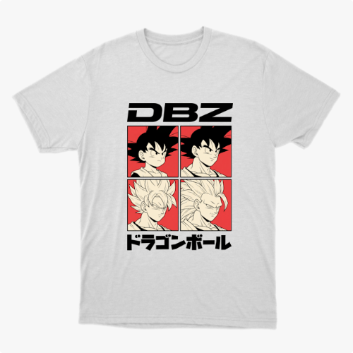 Camiseta com estampa frontal de quatro quadrados ilustrando personagens de cabelo arrepiado, acompanhados pelas letras "DBZ" acima e texto em japonês abaixo.