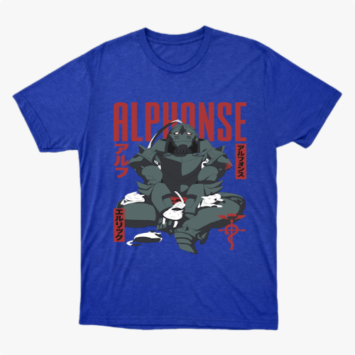 Camiseta com estampa frontal de uma figura robótica em posição sentada, cercada por pequenos coelhos e símbolos decorativos ao lado do texto "ALPHONSE".