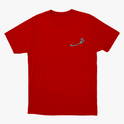 Camiseta com estampa frontal de uma inicial estilizada e estampa traseira com vários personagens icônicos de jogos e animações em um agrupamento vibrante.