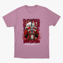 Camiseta com estampa frontal de personagem estilizado segurando uma espada grande, fundo cheio de detalhes gráficos intensos e letras estilizadas acima e abaixo.