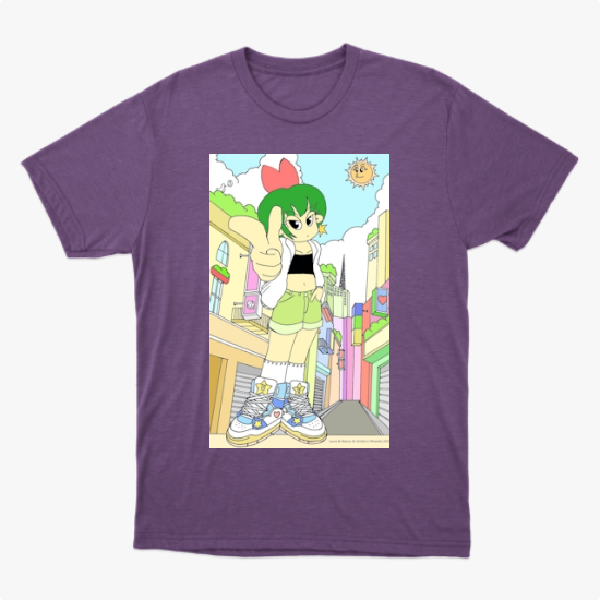 Camiseta com estampa frontal de personagem de cabelo verde e roupa casual em uma rua colorida, com sol sorridente no céu e detalhes urbanos vibrantes.