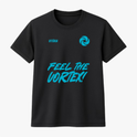 Camiseta com estampa frontal de "Feel the Vortex!" acompanhada de um símbolo estilizado, e estampa traseira de "Boituva 2026 VORTEX 4 WAY TEAM".