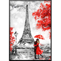 Quadro com estampa frontal de um casal se abraçando sob um guarda-chuva em frente à Torre Eiffel, cercados por árvores estilizadas e um poste.