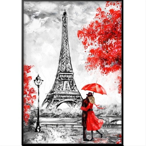 Quadro com estampa frontal de um casal se abraçando sob um guarda-chuva em frente à Torre Eiffel, cercados por árvores estilizadas e um poste.