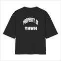 Camiseta com estampa frontal de texto em duas linhas, "PROPERTY OF" em letras maiúsculas arqueadas e "YHWH" centralizado em destaque.