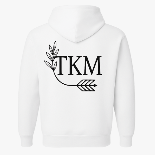 Moletom com estampa frontal de texto estilizado "GRK" com um arco e flecha e estampa traseira de "TKM" acompanhada de um ramo de folhas e flecha.