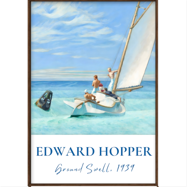 Quadro com estampa frontal de cena náutica mostrando pessoas em barco à vela, sino de mergulho flutuando e assinatura "Edward Hopper, Ground Swell, 1939".
