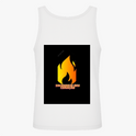 Camiseta regata com estampa frontal de uma pequena chama estilizada e estampa traseira de uma grande chama com texto na base, criando destaque visual.