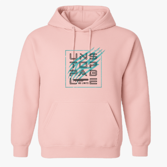 Moletom com estampa frontal de texto geométrico "UNSTOPPABLE" em estilo block, com detalhes riscados e fundo quadriculado, finalizando com "NO LIMITS".