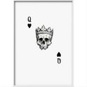 Quadro com estampa frontal de uma caveira adornada por uma coroa detalhada, acompanhada pelas letras "Q" e símbolos de coração e espadas.