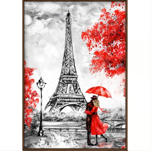 Quadro com estampa de casal abraçado sob guarda-chuva, próximo à Torre Eiffel, em cenário urbano com árvores em destaque ao redor.