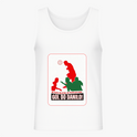 [Camiseta regata] com estampa frontal de silhuetas em verde e vermelho de pessoas jogando futebol, com a frase "Na beira da praia, de frente pro mar... GOL DO DANILO!".