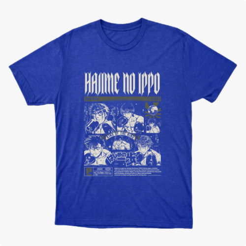 Camiseta com estampa frontal de quadrinhos ilustrados em cenas de luta, com personagens desenhados em estilo mangá, acompanhados por textos estilizados.