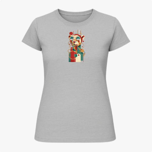 Camiseta com estampa frontal de urso estilizado usando óculos de sol com elementos geométricos e círculos sobrepostos, criando um efeito visual moderno.