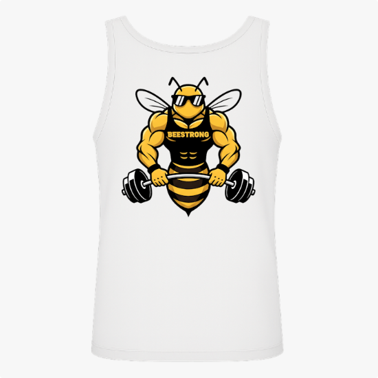 Regata com estampa frontal de "BEESTRONG" em escrita marcante e estampa traseira de abelha musculosa levantando halteres, ilustrando força e determinação.