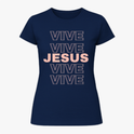 Camiseta com estampa frontal de repetição da palavra "VIVE" em diferentes camadas e destaque central para a palavra "JESUS" em estilo ousado.