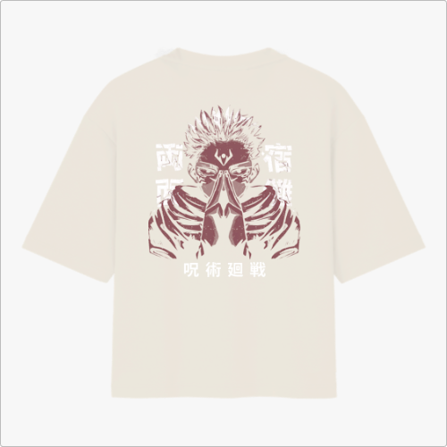 Camiseta com estampa frontal de rosto sorridente minimalista e estampa traseira de personagem estilizado com aparência intensa e caracteres orientais.