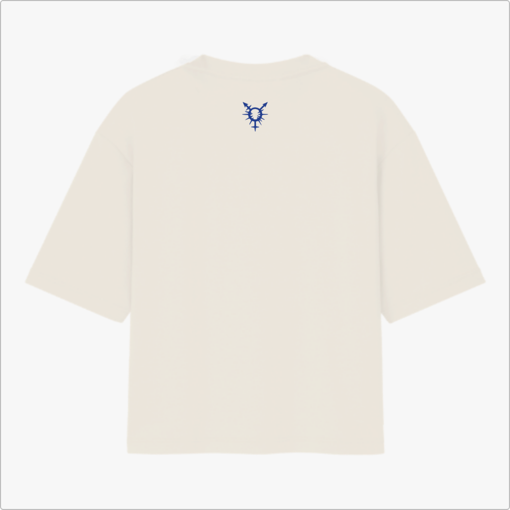 Camiseta com estampa frontal de pássaro estilizado, frases sobre masculinidades, "SÃO TRANSCESTRAIS" e "BRASIL - BAHIA"; estampa traseira de símbolo tribal.
