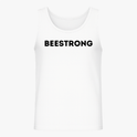 Regata com estampa frontal de "BEESTRONG" em escrita marcante e estampa traseira de abelha musculosa levantando halteres, ilustrando força e determinação.
