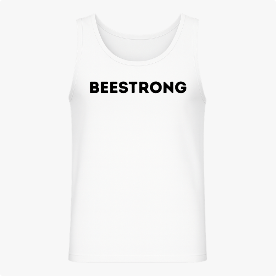 Regata com estampa frontal de "BEESTRONG" em escrita marcante e estampa traseira de abelha musculosa levantando halteres, ilustrando força e determinação.