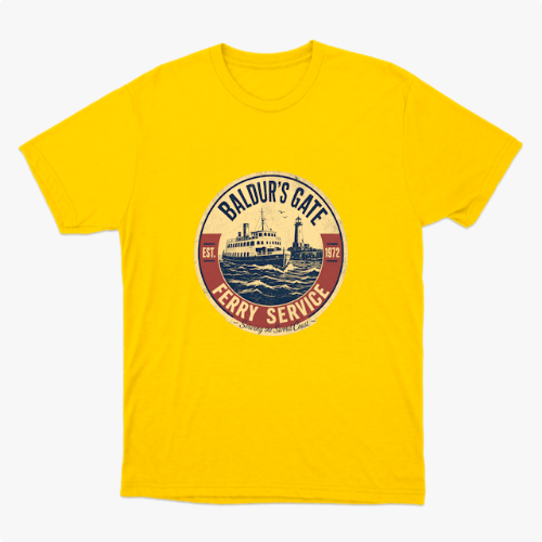 Camiseta com estampa frontal de um emblema circular apresentando um ferry estilizado, com inscrições que indicam "Baldur's Gate Ferry Service" e datas.