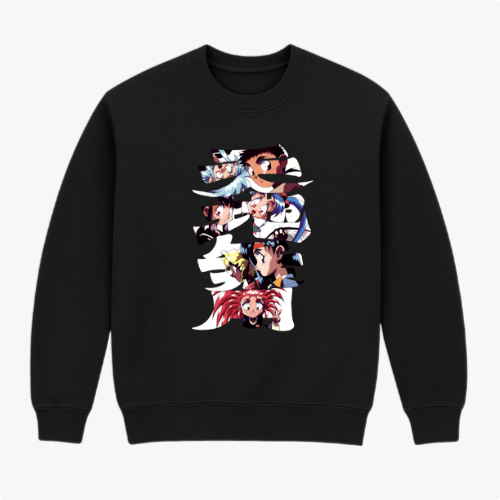 Moletom com estampa frontal de diversos personagens estilizados em sequências verticais sobrepostas, formando um conjunto dinâmico e expressivo.
