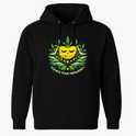 Moletom com estampa frontal de uma figura central amarela sorridente, cercada por folhas verdes e detalhes florais, com o texto "Elevate Your Frequency".