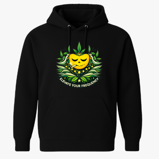 Moletom com estampa frontal de uma figura central amarela sorridente, cercada por folhas verdes e detalhes florais, com o texto "Elevate Your Frequency".
