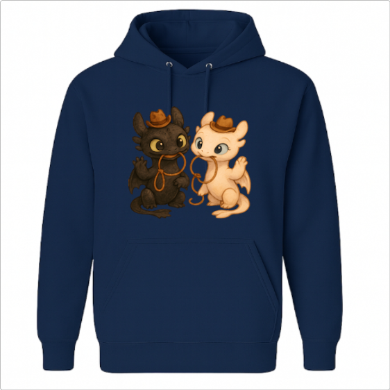 Moletom com estampa frontal de dois dragões caricatos usando chapéus de cowboy, interagindo de forma amigável enquanto seguram uma corda entre as patas.