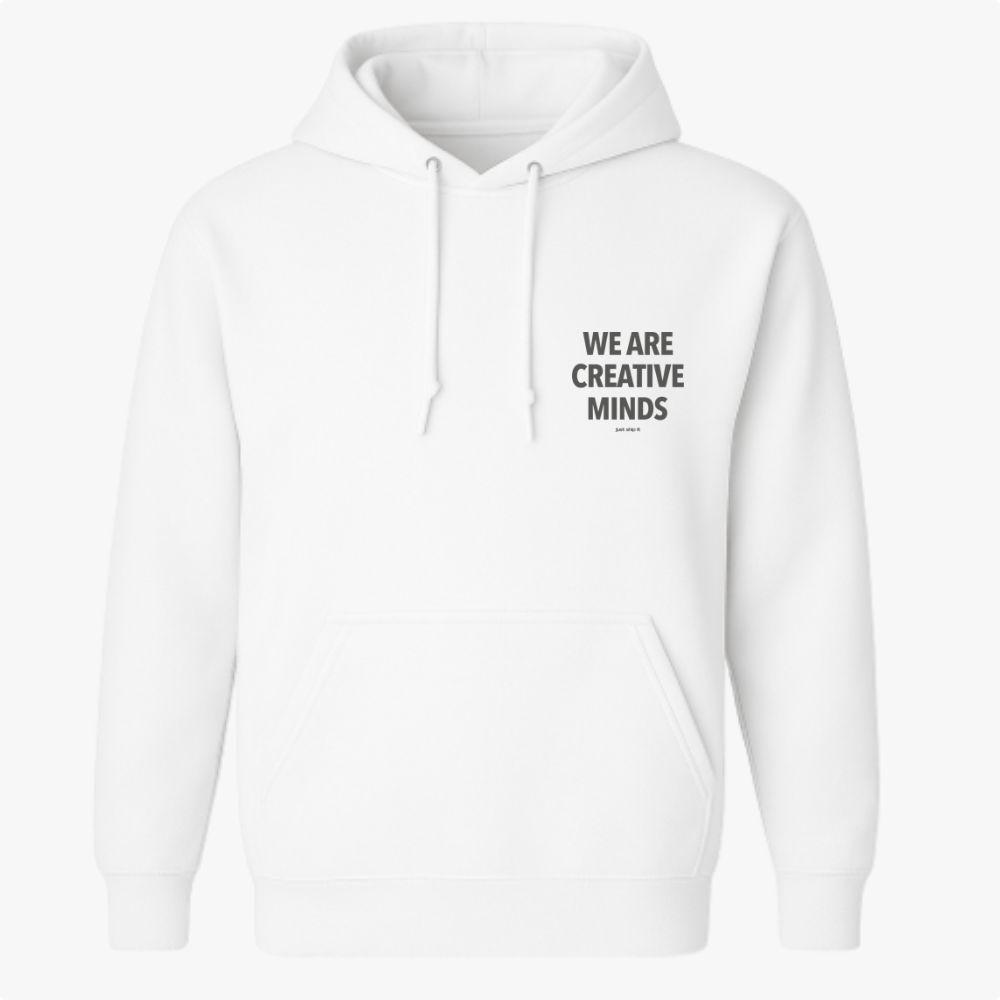 Moletom com estampa frontal de texto "WE ARE CREATIVE MINDS" em fonte impactante, destacando-se no peito, complementada por inscrição discreta abaixo.