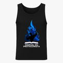 Camiseta regata com estampa frontal de uma silhueta em pose triunfante sobre um livro aberto, envolta por chamas fluídas em tons diversos.