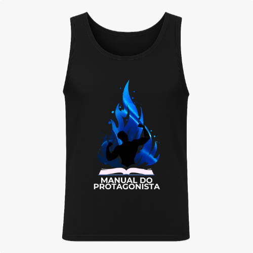 Camiseta regata com estampa frontal de uma silhueta em pose triunfante sobre um livro aberto, envolta por chamas fluídas em tons diversos.
