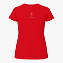 Camiseta com estampa frontal de imagem de Nossa Senhora em moldura colorida com flores e frase "Nossa Senhora, rogai por nós" e estampa traseira de logotipo com cruz e texto.