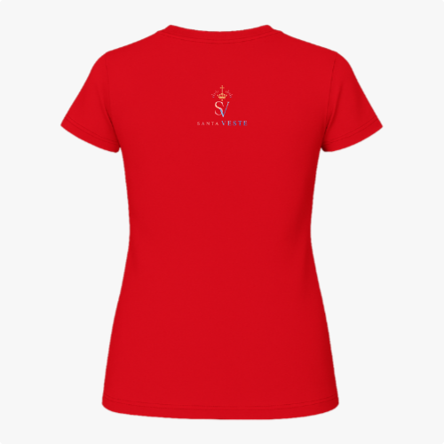 Camiseta com estampa frontal de imagem de Nossa Senhora em moldura colorida com flores e frase "Nossa Senhora, rogai por nós" e estampa traseira de logotipo com cruz e texto.
