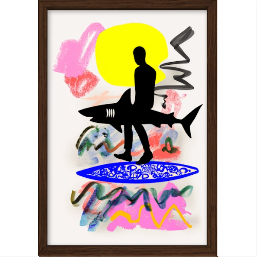 Quadro com estampa de silhueta de pessoa sobre tubarão, sol em fundo abstrato com formas coloridas e manchas vibrantes ao redor.