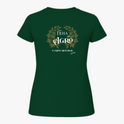 Camiseta com estampa frontal de "Filha do Agro" rodeada por folhas douradas e estampa traseira similar com o texto adicional "O campo é meu lugar".