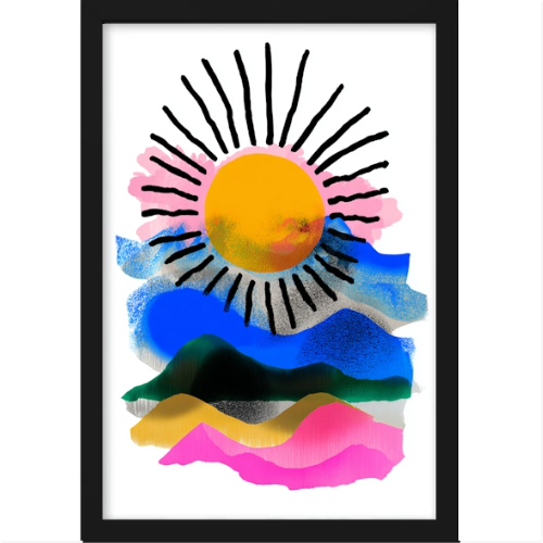 Quadro com estampa de sol centralizado com raios pretos ao redor, sobrepondo pinceladas fluidas e abstratas com várias camadas e tons vibrantes.