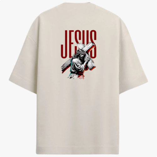 Camiseta com estampa frontal de uma estrutura arqueológica e estampa traseira de figura religiosa carregando uma cruz com a palavra "JESUS" em destaque.