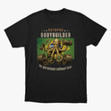 Camiseta com estampa frontal de polvo musculoso levantando pesos, rodeado por estrelas e letras, complementado por uma mensagem motivacional em inglês.
