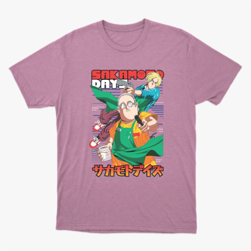 Camiseta com estampa frontal de dois personagens em estilo anime, um segurando café e outro apontando, com texto em japonês e inglês acima e abaixo.
