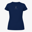 Camiseta com estampa frontal de imagem de Nossa Senhora em moldura colorida com flores e frase "Nossa Senhora, rogai por nós" e estampa traseira de logotipo com cruz e texto.