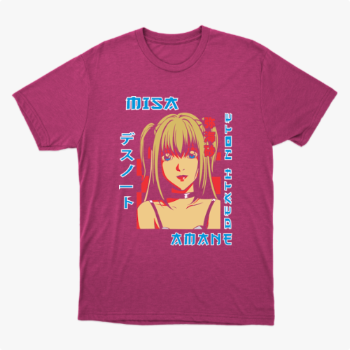 Camiseta com estampa frontal de uma personagem anime com cabelos longos, acompanhada de textos em estilo japonês ao redor.