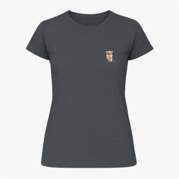 Camiseta com estampa frontal de um adorável cachorro usando uma coroa real, com a inscrição "Motty" em estilo cursivo logo abaixo do desenho.