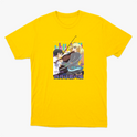 Camiseta com estampa frontal de dois personagens estilo anime, um rapaz e uma moça, acompanhados de instrumentos musicais e elementos urbanos ao fundo.