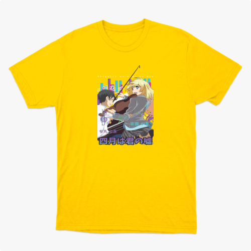 Camiseta com estampa frontal de dois personagens estilo anime, um rapaz e uma moça, acompanhados de instrumentos musicais e elementos urbanos ao fundo.