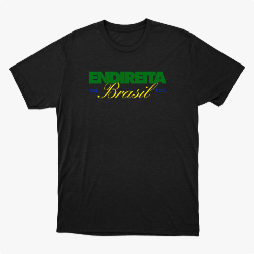 Camiseta com estampa frontal de texto "ENDIRETA" em letras grandes, "Brasil" estilizado abaixo, seguido por "BRL 2026" em menores dimensões.