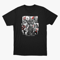 Camiseta com estampa frontal de guerreiro musculoso em quadrantes, com navio, homem barbudo, escudo e machado ao fundo, com texto inferior "Thron Bodybuilder".